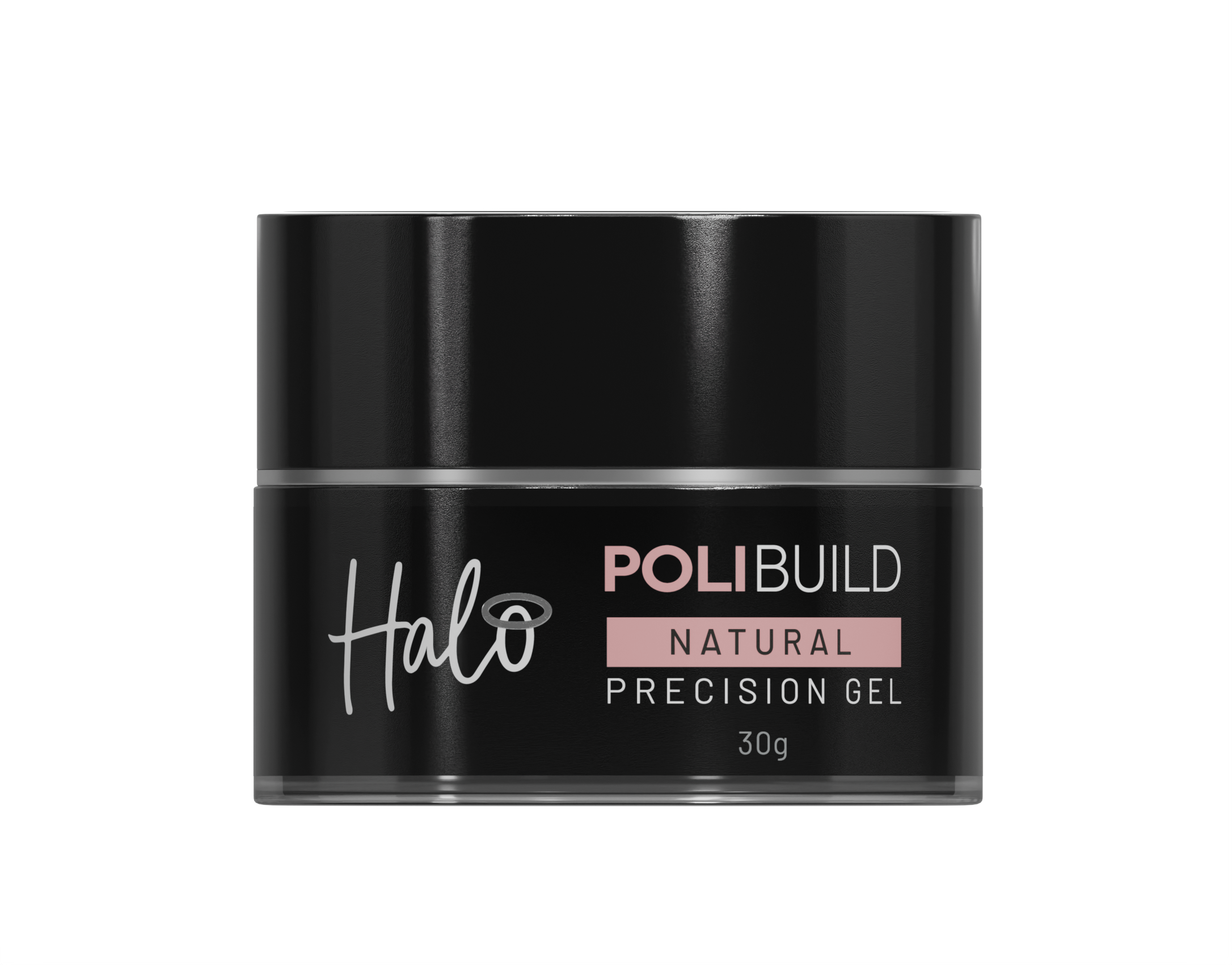 Black jar of Polibuild Halo Natural Precision Gel on a white background