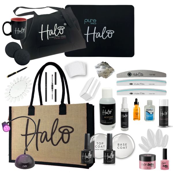 Collection of Halo beauty products and accessories on a white background