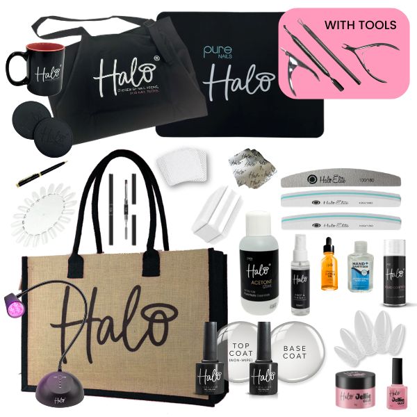 Collection of Halo beauty products including bags, bottles, and tools on a white background.