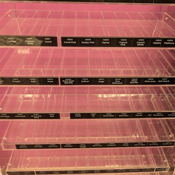 Display case with nail polish bottles labeled on a pink background
