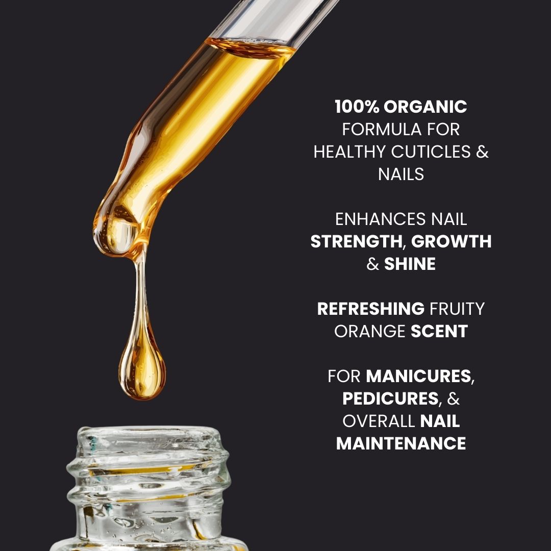 Gold liquid being dripped from a dropper into a glass bottle with text about nail care benefits on a black background.