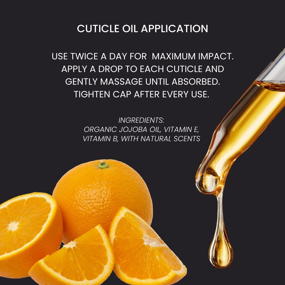 Cuticle oil application with oranges and a dropper on a black background