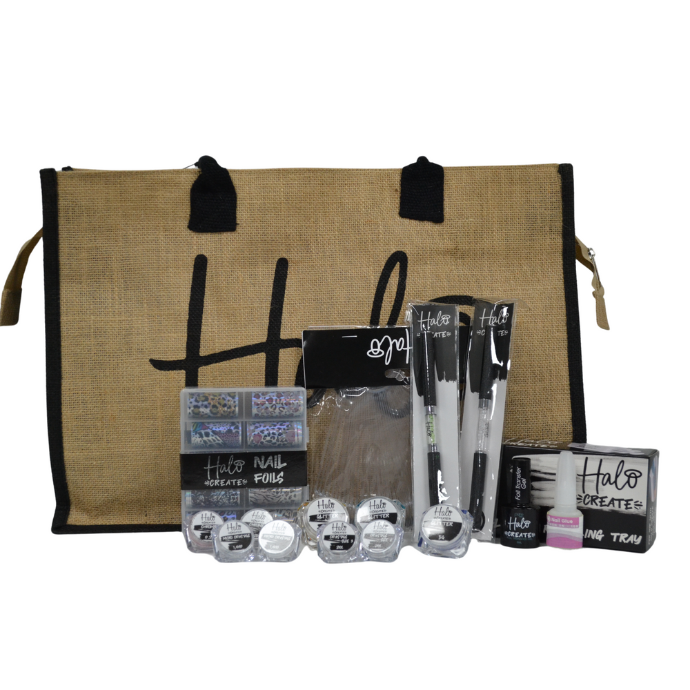 A nail art student kit by Halo including various nail care and artistic tools such as brushes, a cuticle tool, and glue, displayed alongside a large brown paper bag with the Halo brand logo.