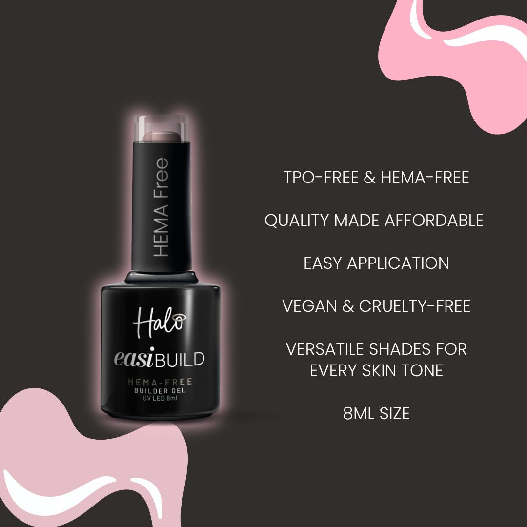 Halo easibuild gel bottle with product features on a dark background