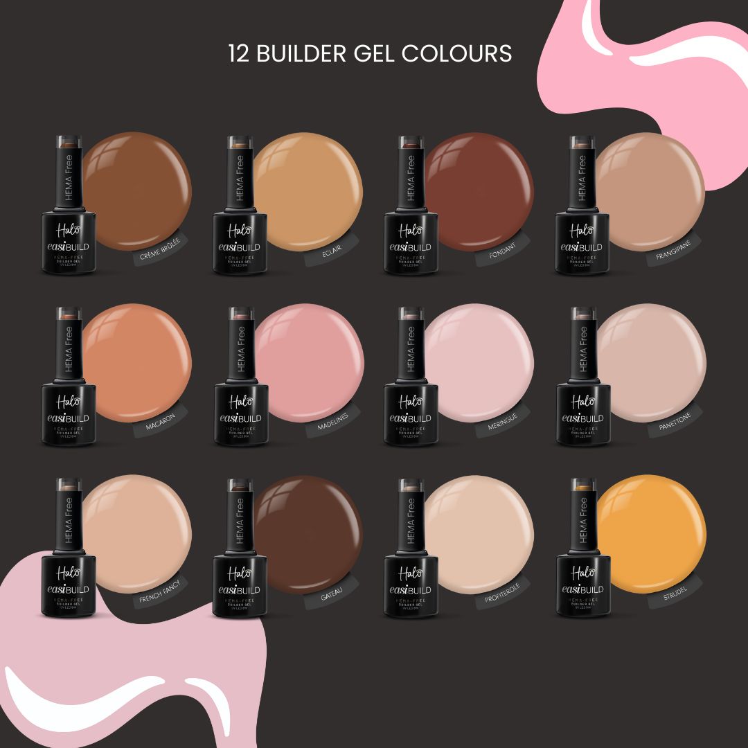 12 builder gel colours with corresponding bottles on a dark background
