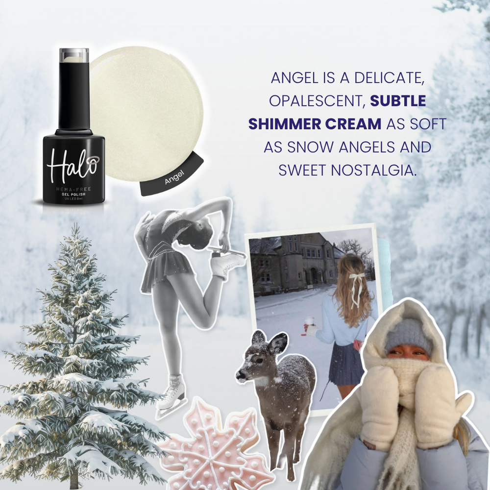 Collage of winter-themed images with a bottle labeled 'Halo' and text about 'Angel' color.