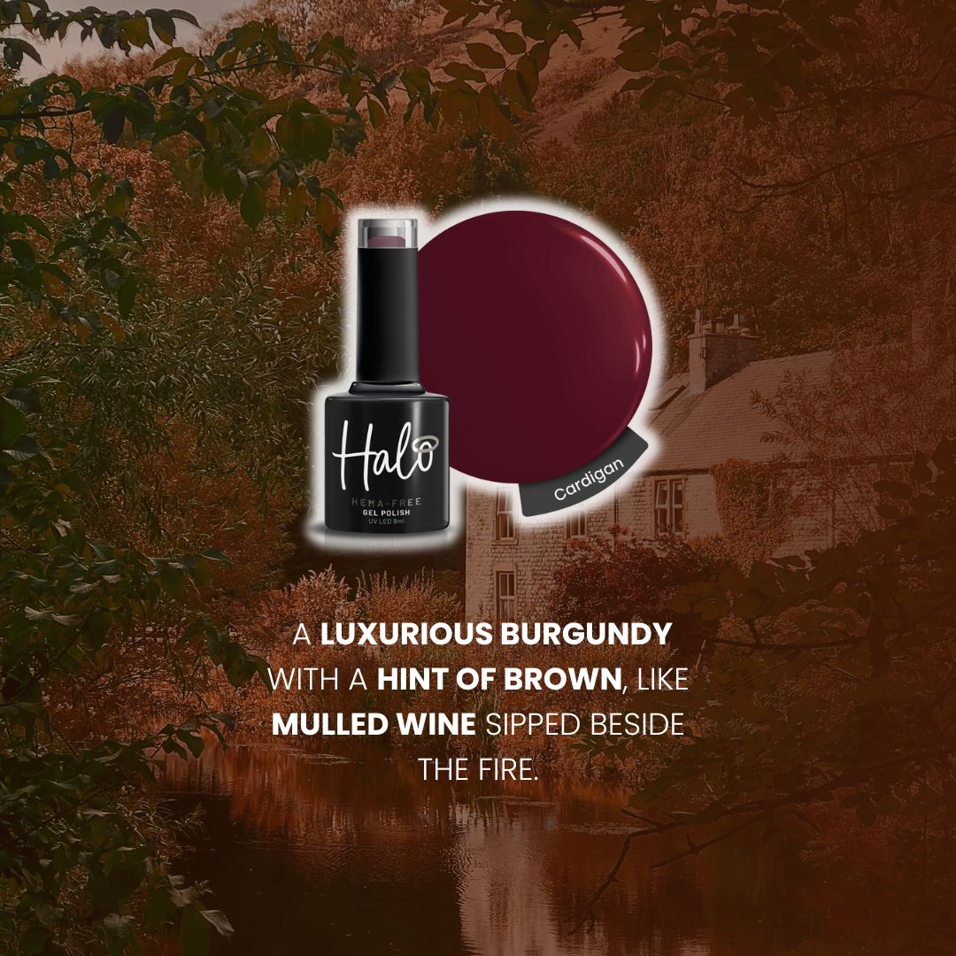 Nail polish bottle with a color swatch and text description on a scenic background