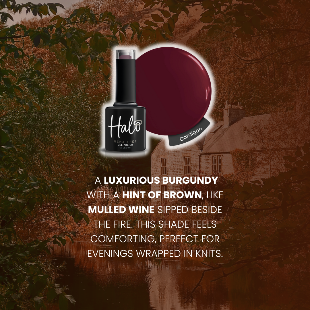 Nail polish bottle with a label on a scenic background