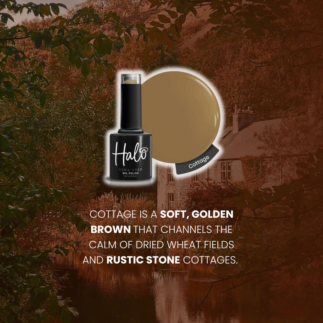 Nail polish bottle with 'Halo' label on a background of a house and trees, with text describing the color 'Cottage'.