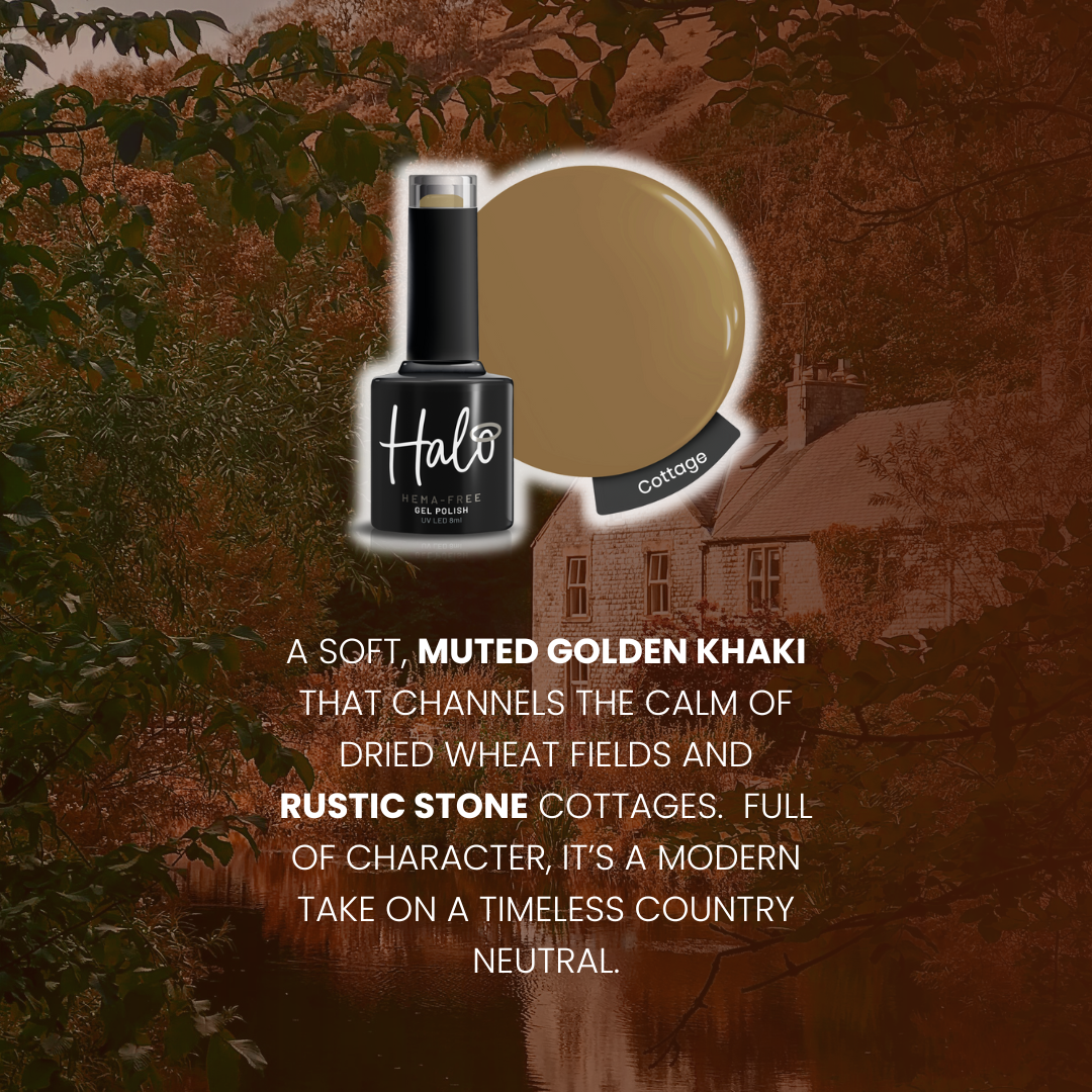 Halo Cottage Nail Polish with a bottle and color swatch on a rustic background