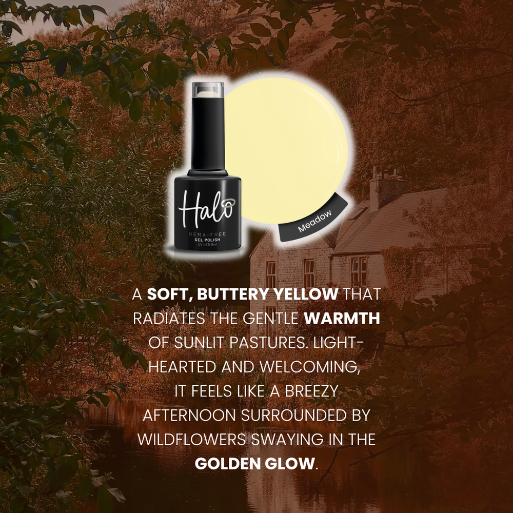 Halo nail polish bottle with product description on a scenic background