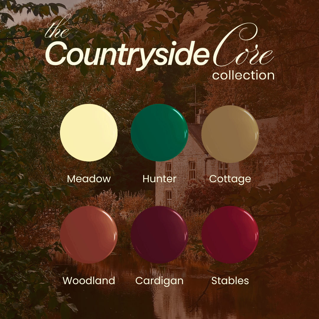 Color swatches from 'The Countryside Core' collection with a scenic background.