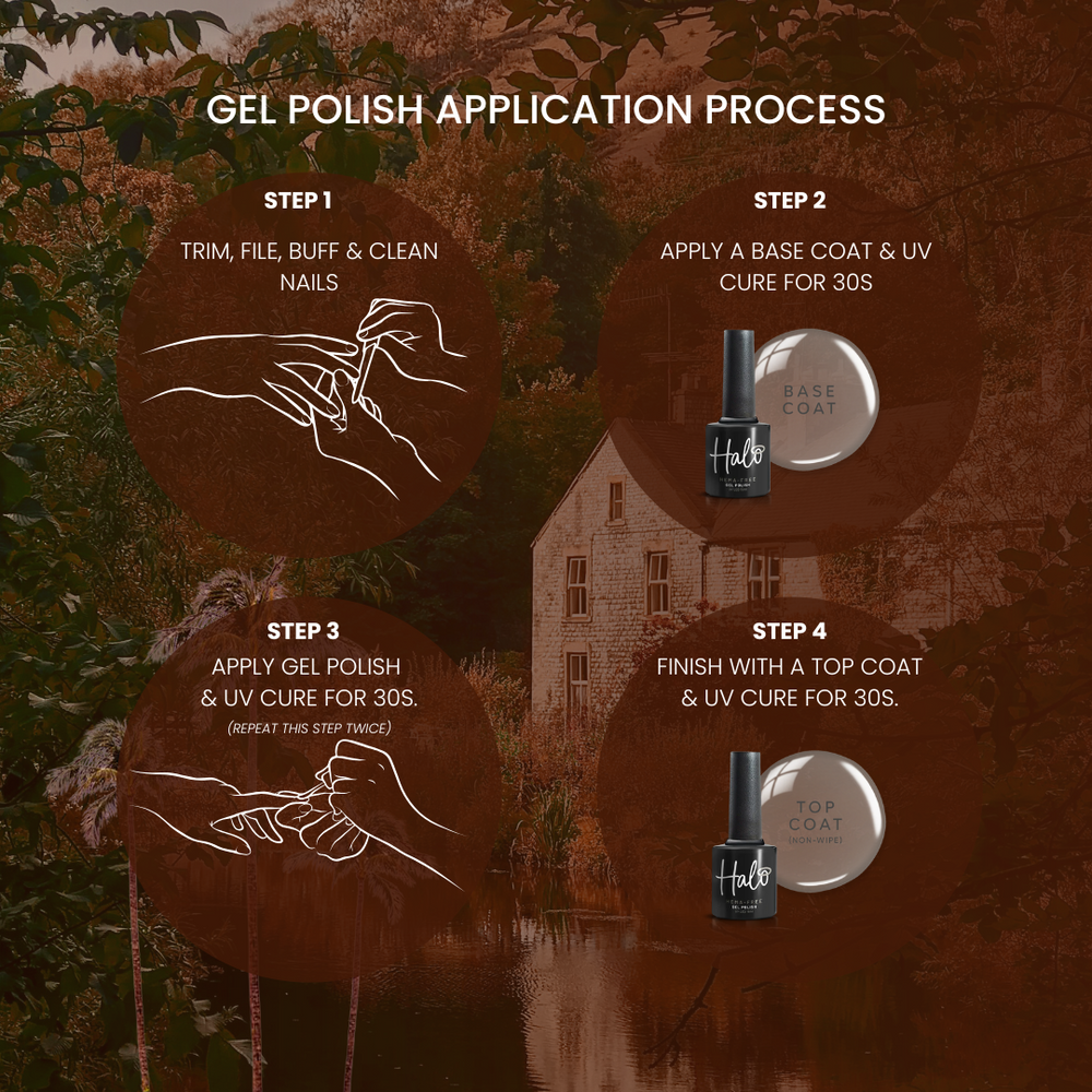 Step-by-step guide to gel polish application process with nail tools and base coat on a rustic background.