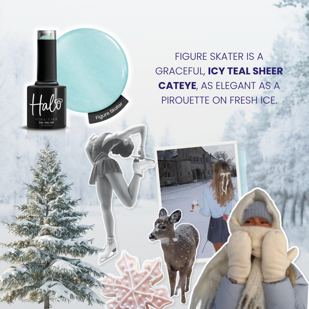 Collage of winter-themed images with a bottle of Halo nail polish, figure skater, snow-covered trees, and people in winter clothing.
