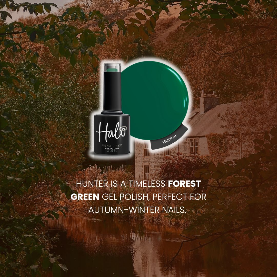 Halo Hunter green nail polish bottle with a forest green color swatch on a nature-themed background.