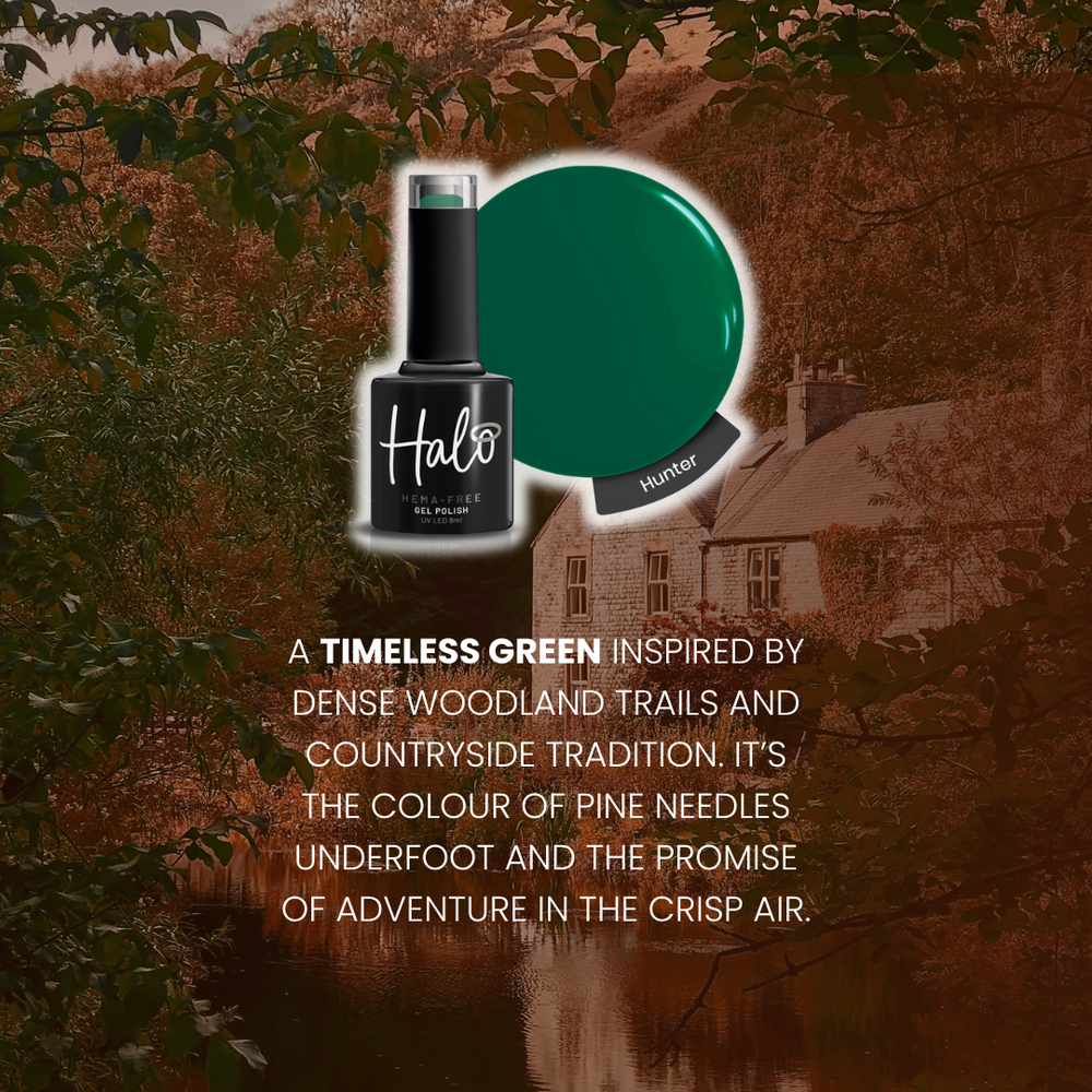 Halo nail polish bottle with green color swatch on a nature-themed background