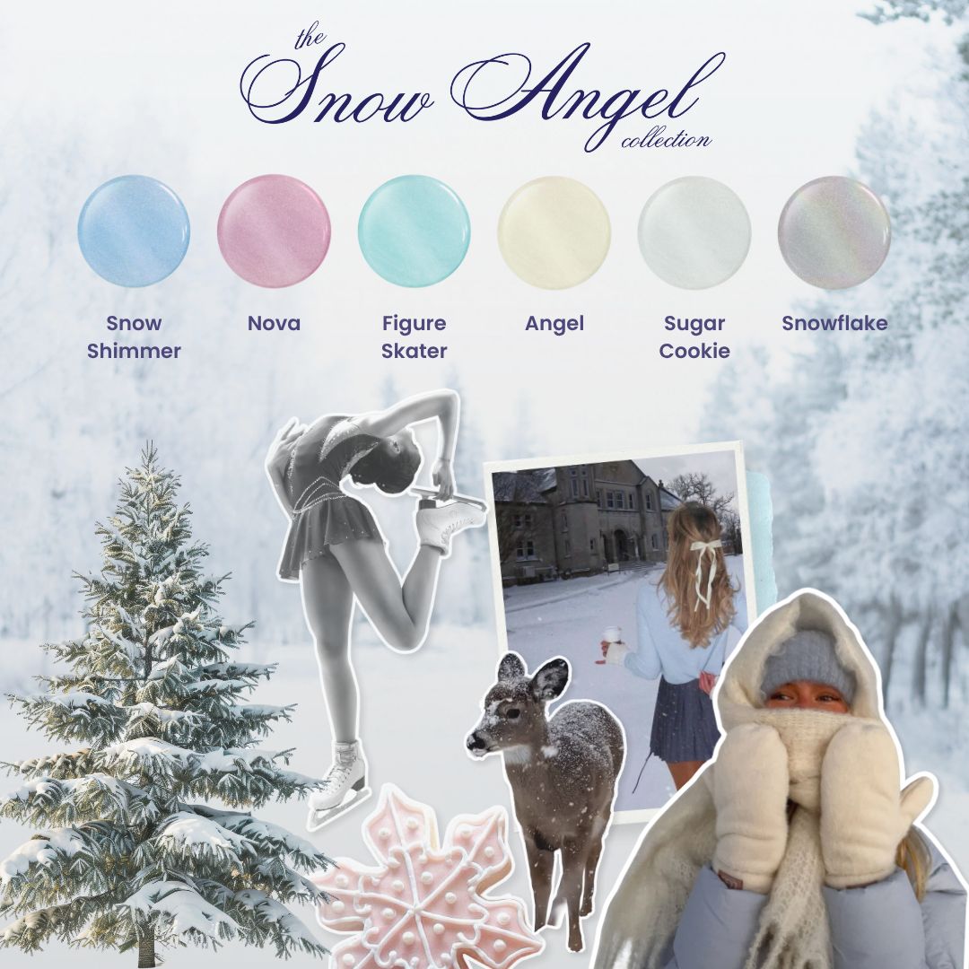 Collage of winter-themed elements with color swatches labeled 'Snow Angel Collection'.