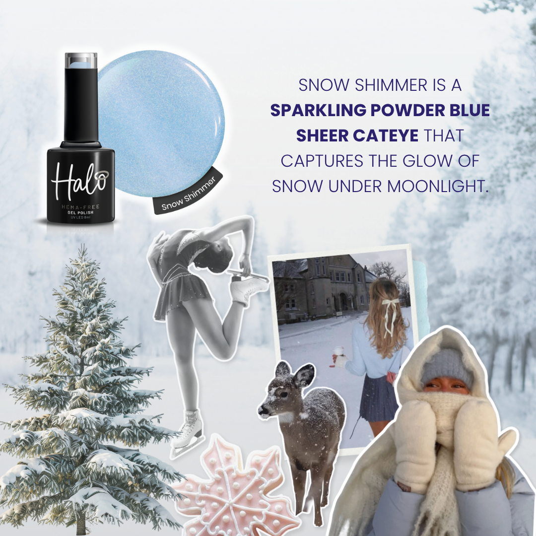 Collage of winter-themed images with a bottle of Halo nail polish labeled 'Snow Shimmer'.