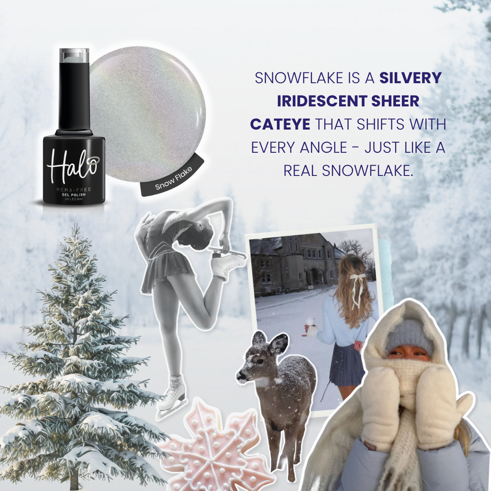 Collage of winter-themed images with a bottle labeled 'Halo' and text about snowflake effects.