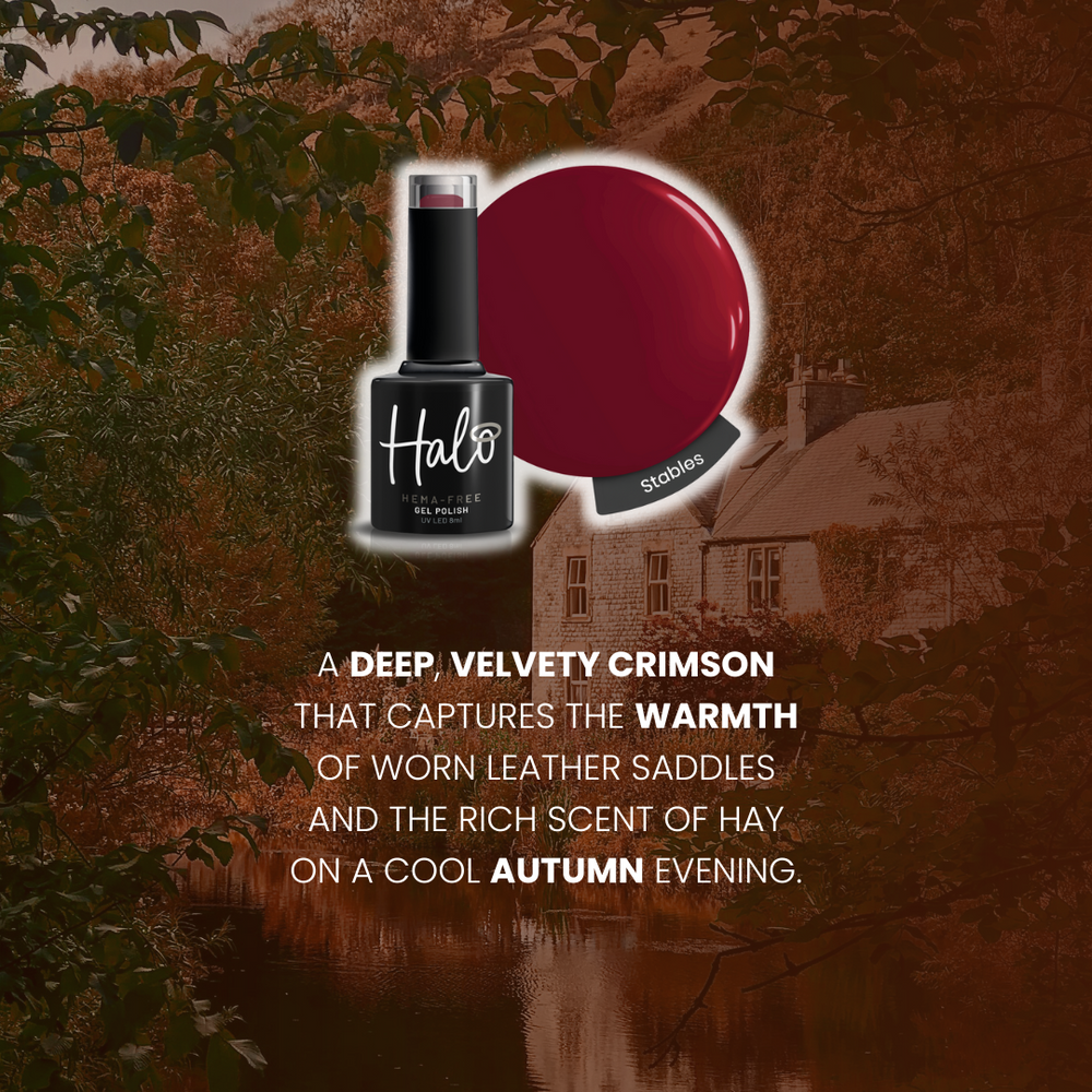 Nail polish bottle with red color swatch and text on a scenic background