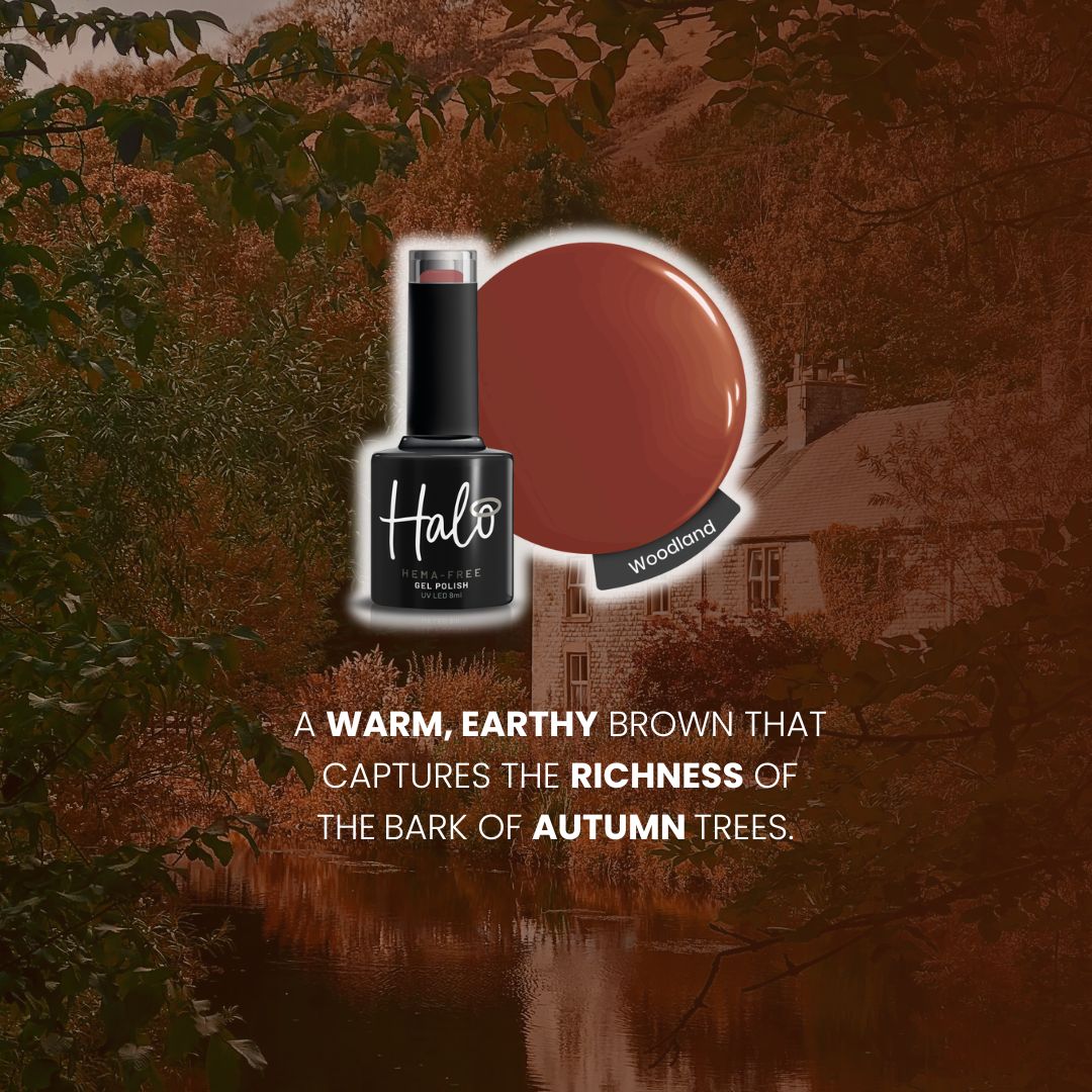Nail polish bottle with a warm brown color swatch and text overlay on an autumn-themed background.