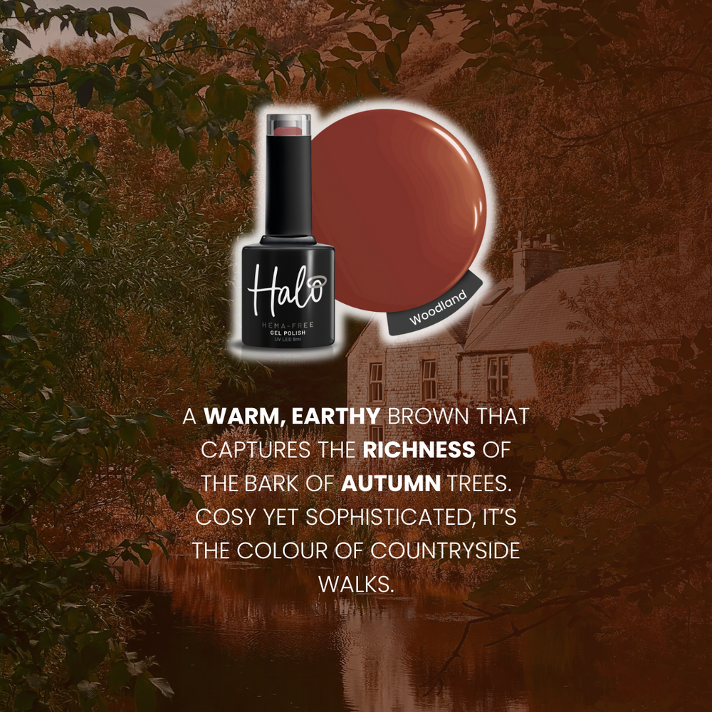 Nail polish bottle with a brown color swatch and description on an autumn-themed background