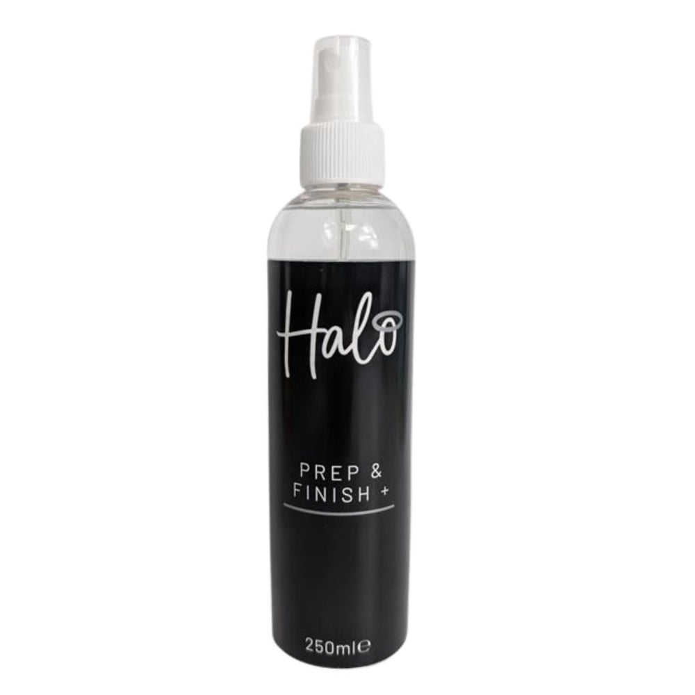 Black spray bottle labeled 'Halo Prep & Finish' on a white background