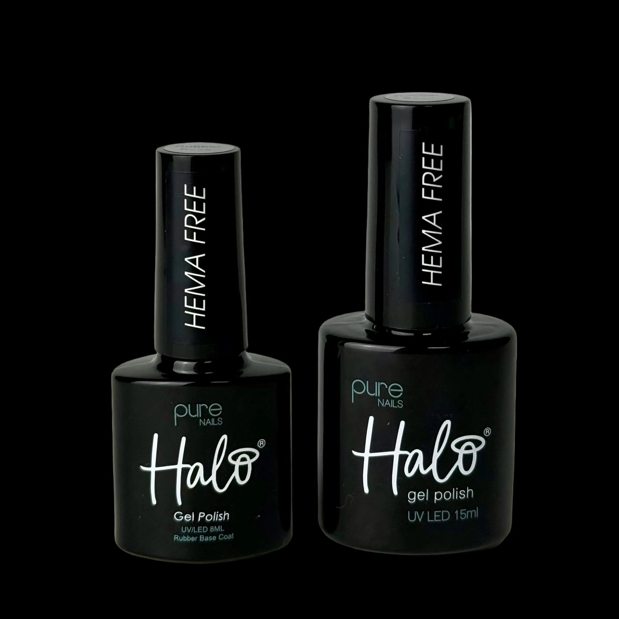 Two black bottles of Halo gel rubber base on a light gray background