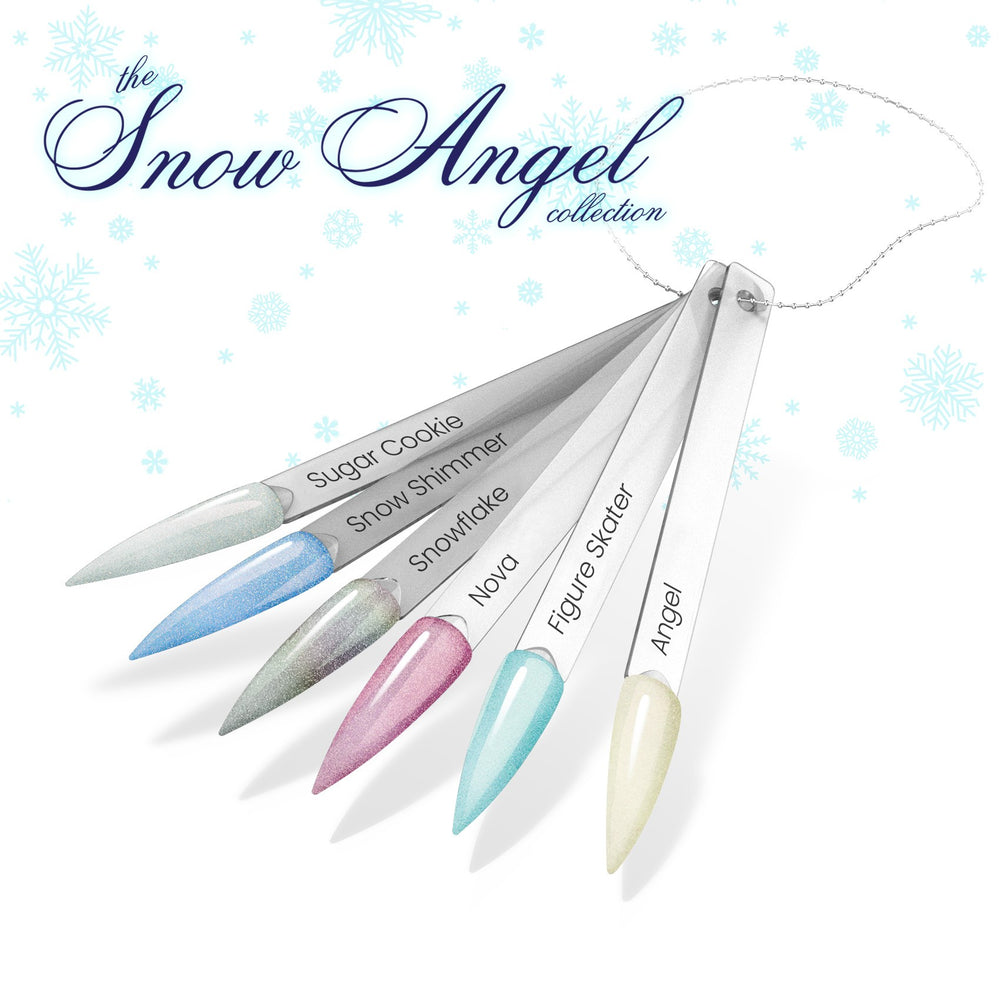 Set of nail polish shades with 'Snow Angel' collection branding on a white background with snowflake decorations.