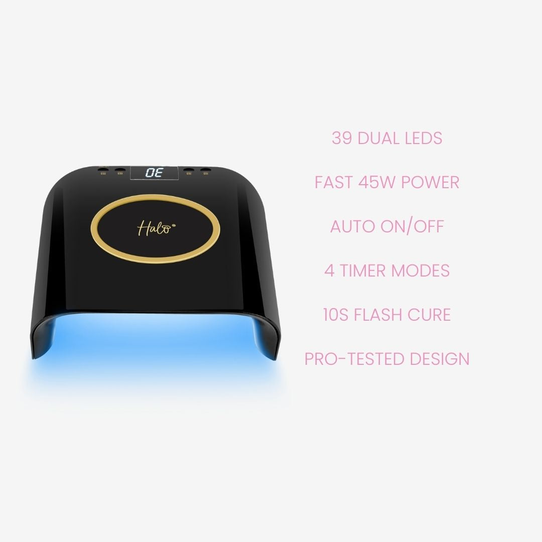 Black Nail UV lamp with blue light on a white background, featuring the brand 'Halo'.