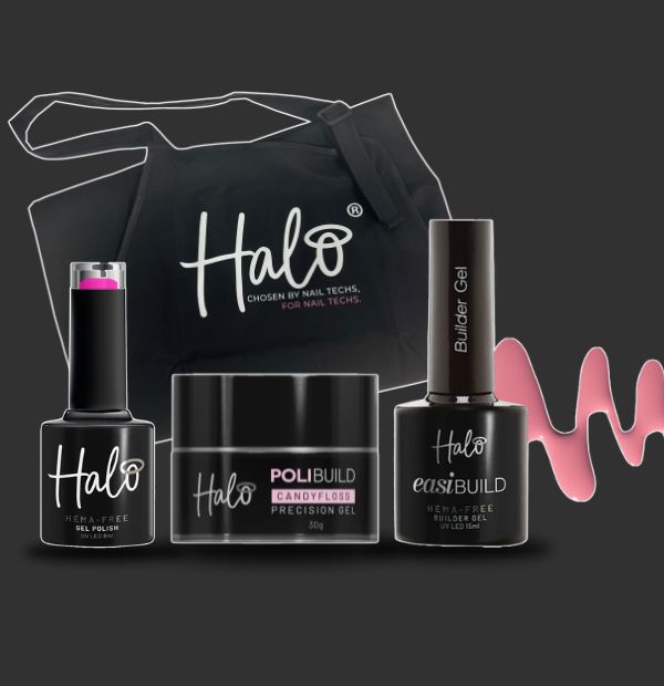 Halo nail gel products on a dark background with pink accents