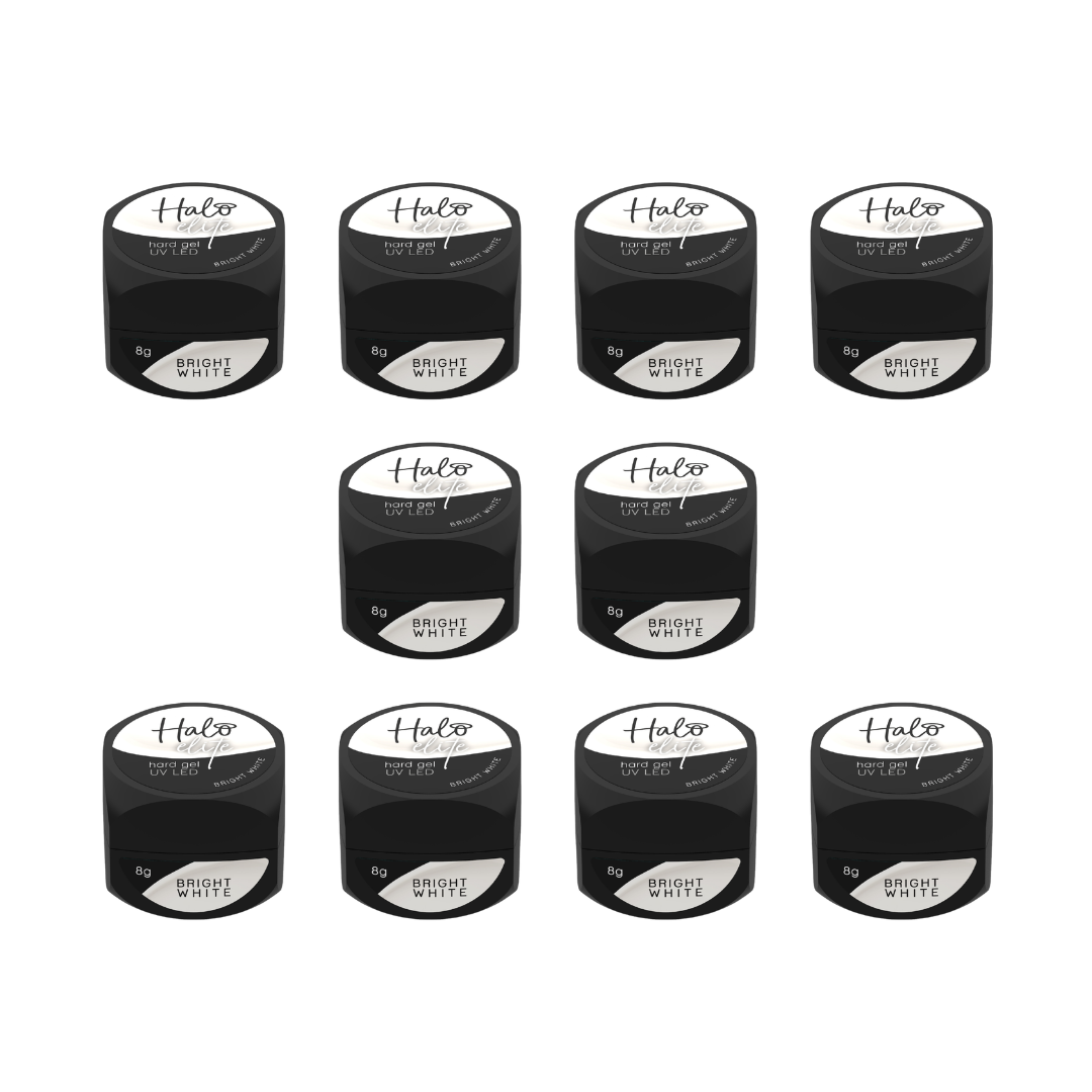 Multiple containers of Halo Bright White hair color on a white background