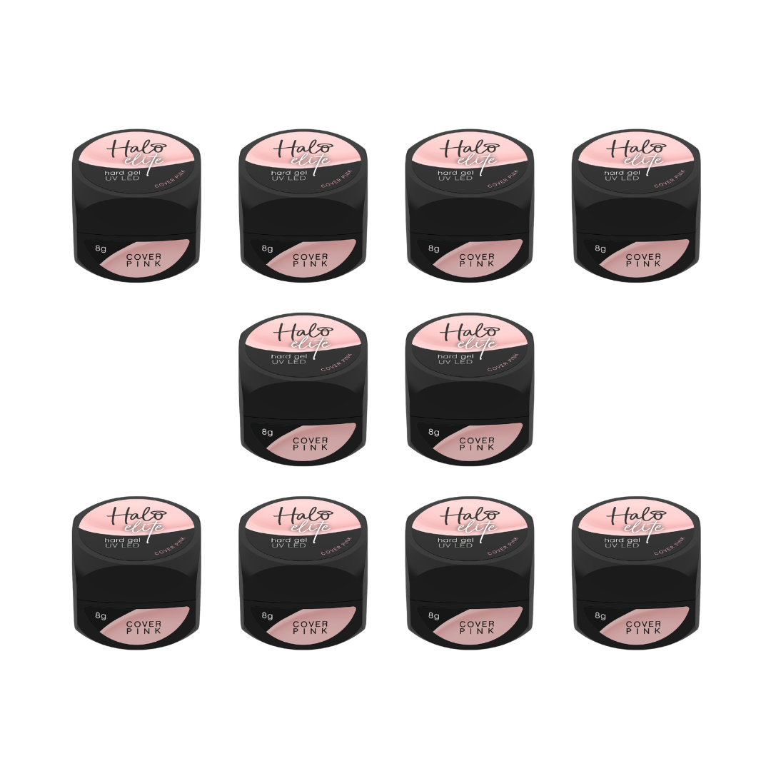 Multiple containers of Halo Cover Pink hair dye on a white background