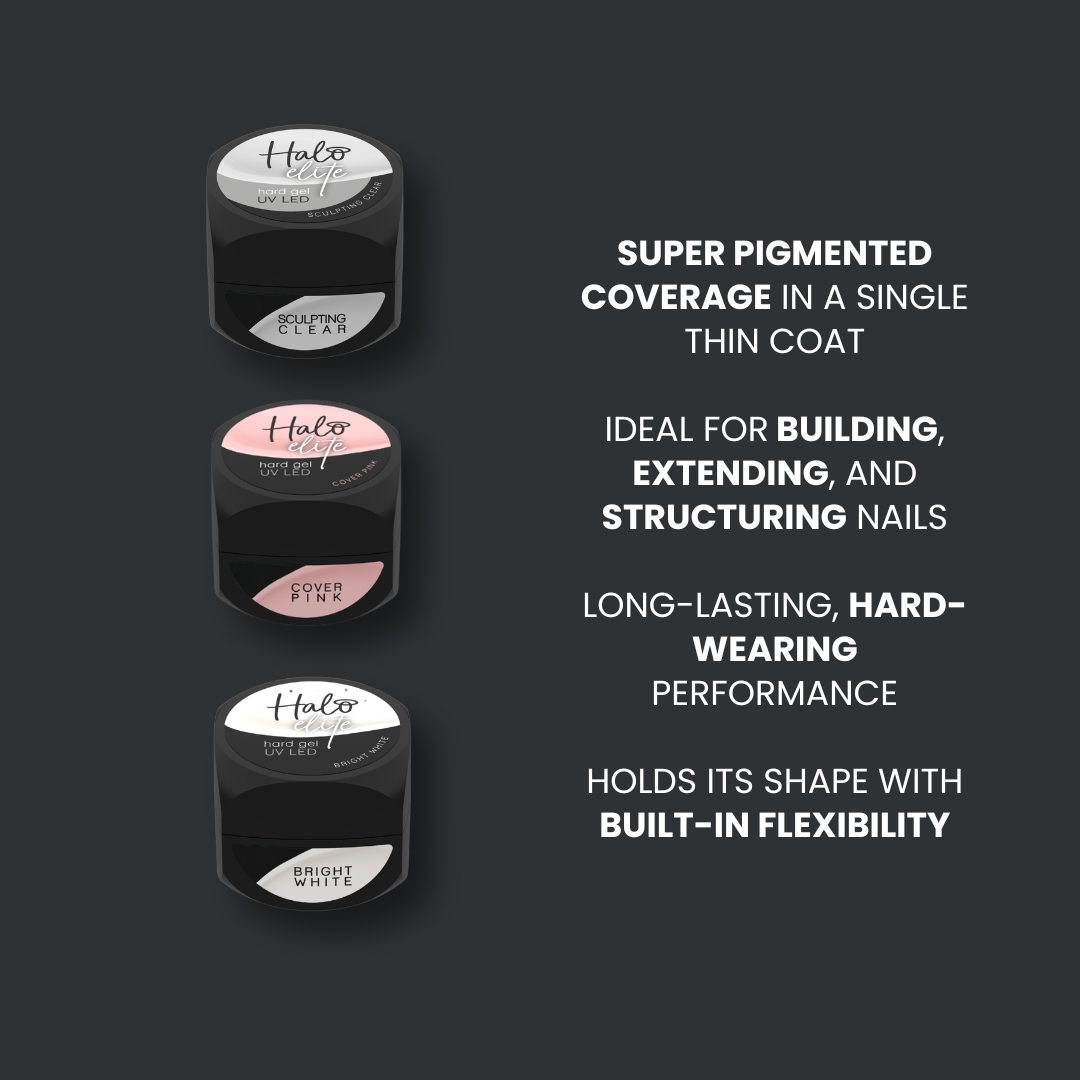 Three nail polish bottles with text highlighting their features on a dark background