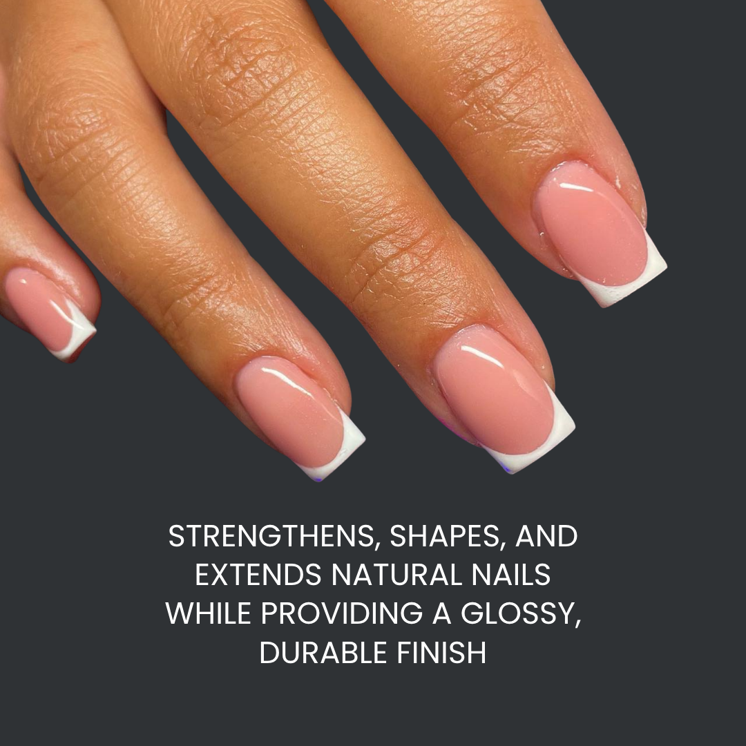 Hand with pink nails and white tips on a dark background, text about nail care product.