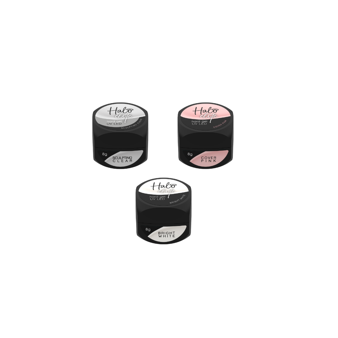 Three cosmetic jars labeled 'Cover Pink', 'Bright White', and 'Clear' on a white background.