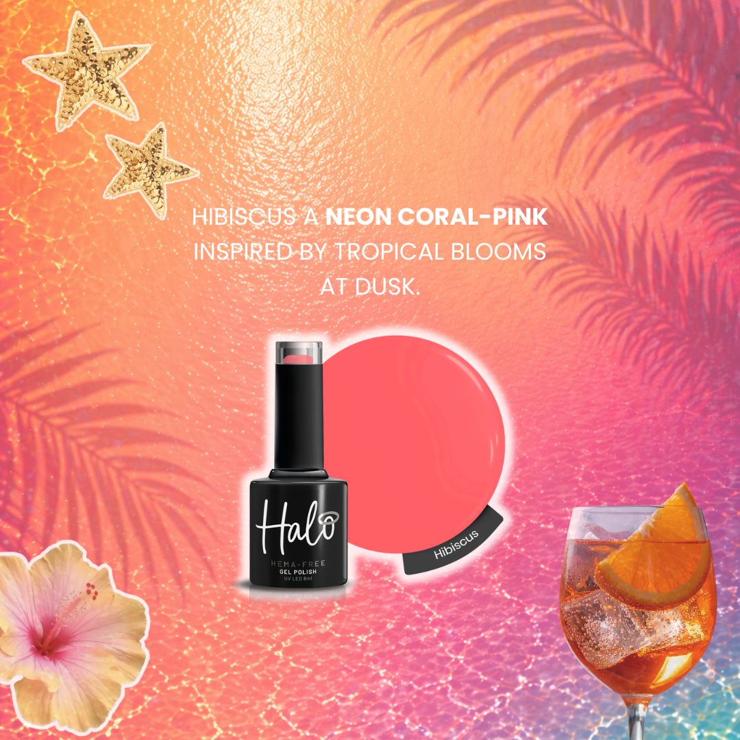 Halo nail polish bottle with neon coral-pink color swatch on a colorful background with tropical elements.