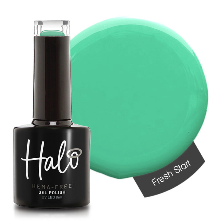 Product image and colour swatch of Pure Nails' HEMA-Free Halo gel polish in shade 'Fresh Start'