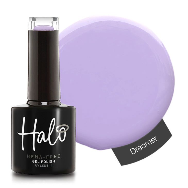 Halo gel polish bottle with a swatch of 'Dreamer' color on a white background