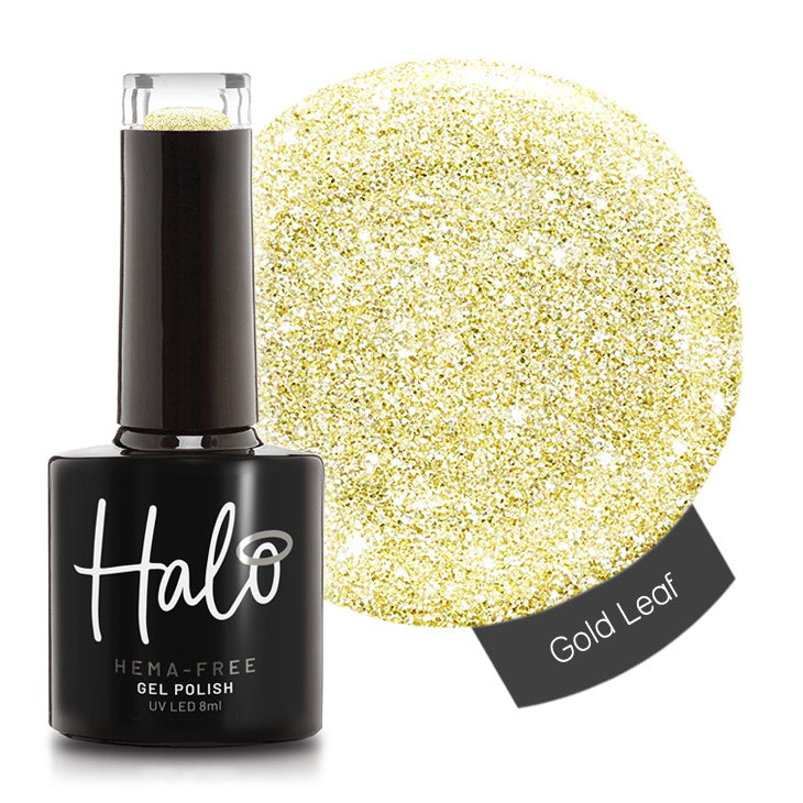 Halo gel polish bottle with gold leaf color swatch on a white background