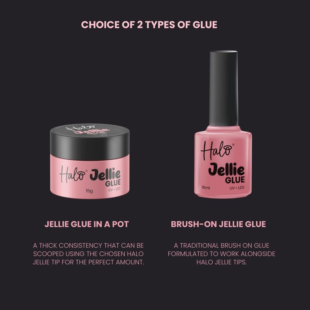 Halo Jellie Glue packaging with a jar and brush on applicator on a black background.