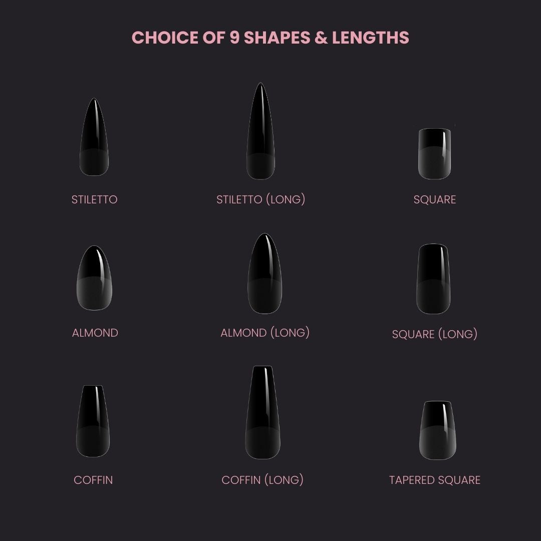 Nail tip shapes and lengths displayed on a dark background