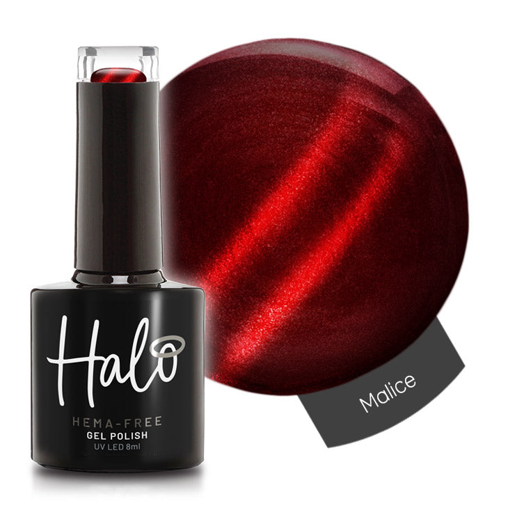 Halo gel polish bottle with a swatch of 'Malice' color on a white background