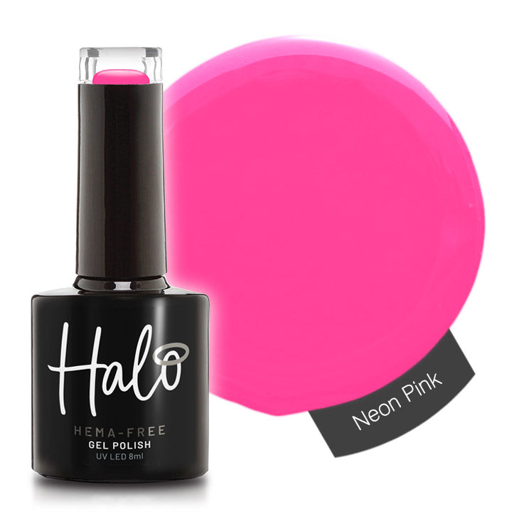 Halo gel polish bottle with a swatch of neon pink color on a white background