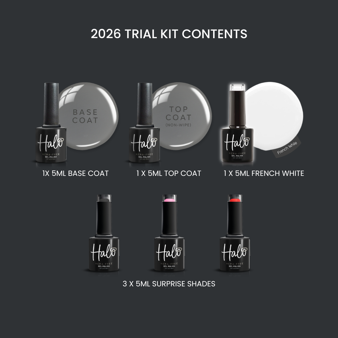 2026 trial kit contents with Halo nail polish bottles on a dark background