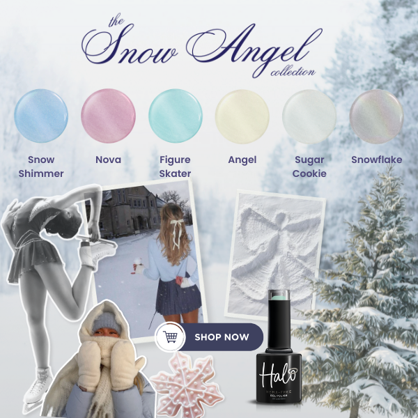 Promotional image for 'Snow Angel' nail polish collection with color swatches and winter-themed elements.