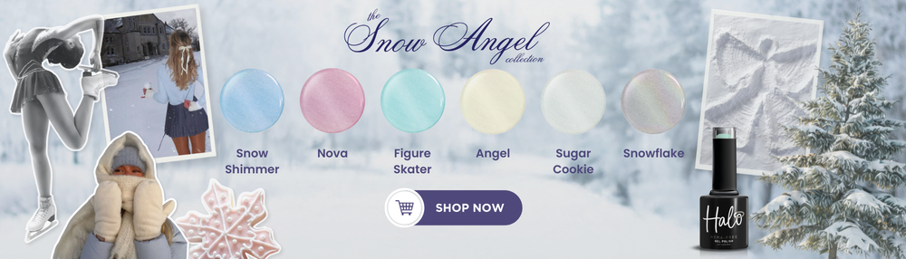 Promotional banner for a nail polish collection with snow-themed design and product images.