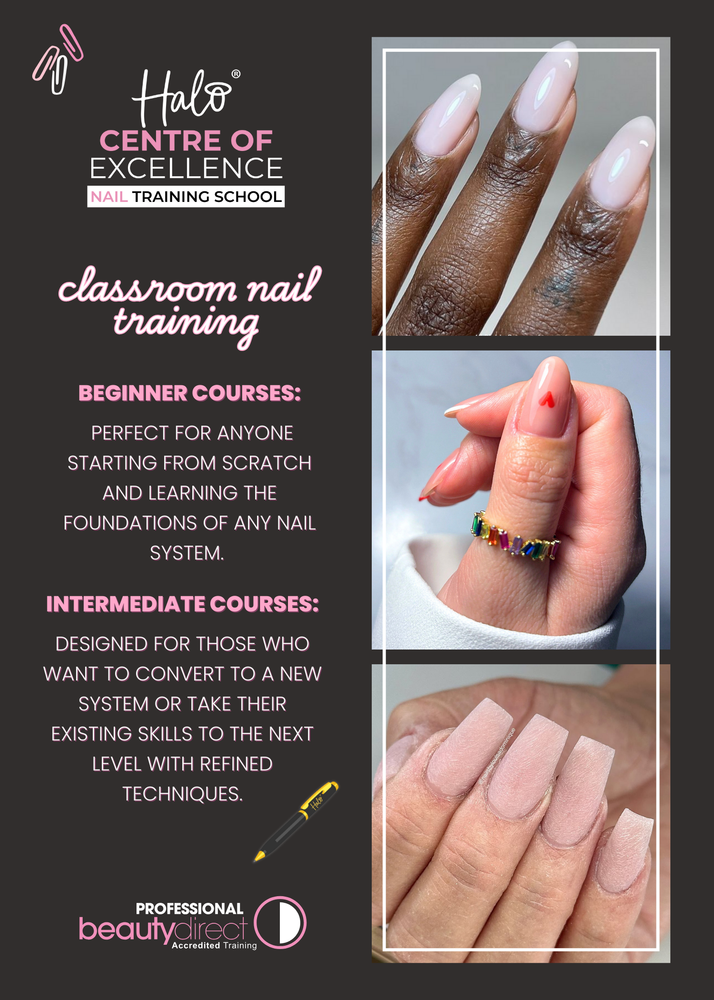 Advertisement for Halo Centre of Excellence nail training school with images of hands and text on a dark background.