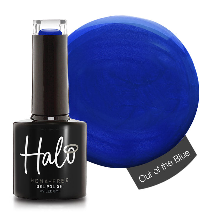 Halo gel polish bottle with blue color swatch on a white background