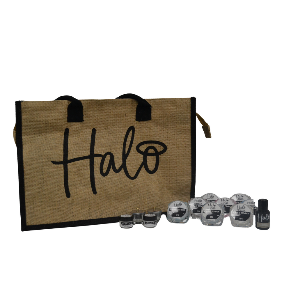 A tote bag with the brand name 'HALO' printed on it, alongside a collection of nail art tools including bottles of powder and a cuticle scraper.